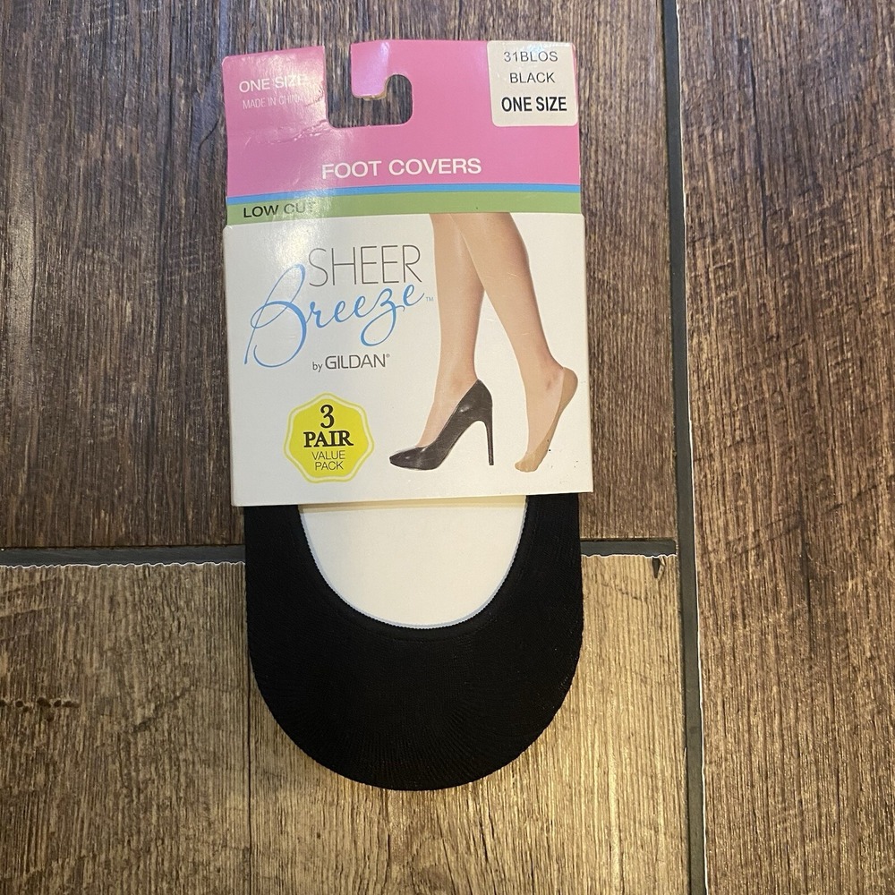 3 Pairs Sheer Breeze By Gildan Foot Cover Low Cut One Size - Black Heel Socks